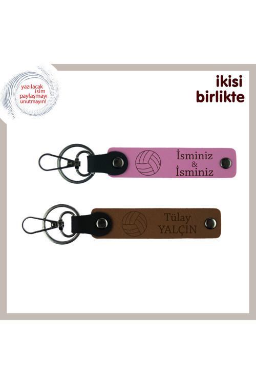 Sahadaki Dostluklara Güzel Bir Hatıra, Kişiye Özel İsimli Deri Anahtarlık Seti X2, Pembe-Açık Kahve