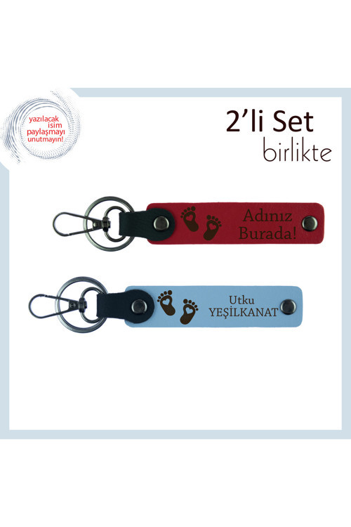 Yeni Doğum Yapmış Kadınlara Seçkin Armağan, Kalpli Ayak Desenli Anahtarlık Takımı, Kırmızı-Gök Mavi