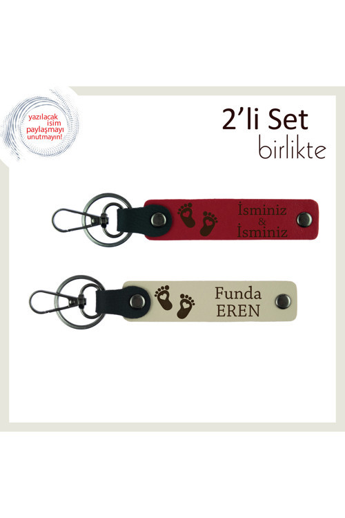 Yeni Bebeğe Ait İlk Hatıra Olacak Kalpli Ayak Desenli Anahtarlık, Kişisel Tasarım, Kırmızı-S Kahve