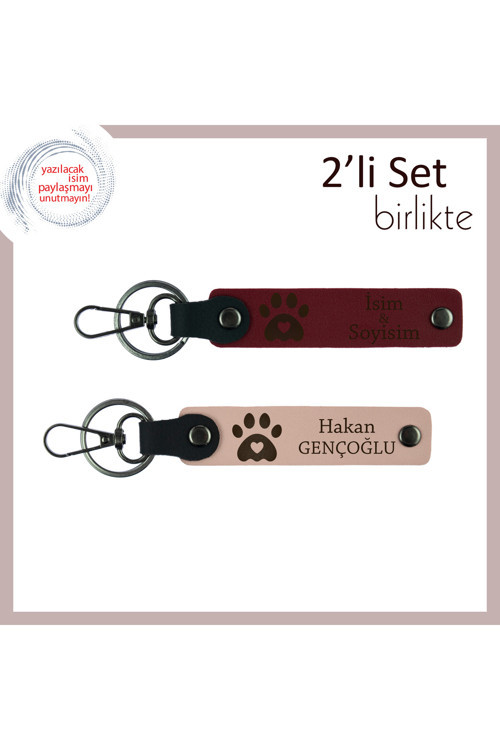 Pati Ve Kalp Motifli Şık Deri Set, Evcil Hayvan Temalı Hediye, İsim Yazılabilir, Bordo-Yavru Ağzı