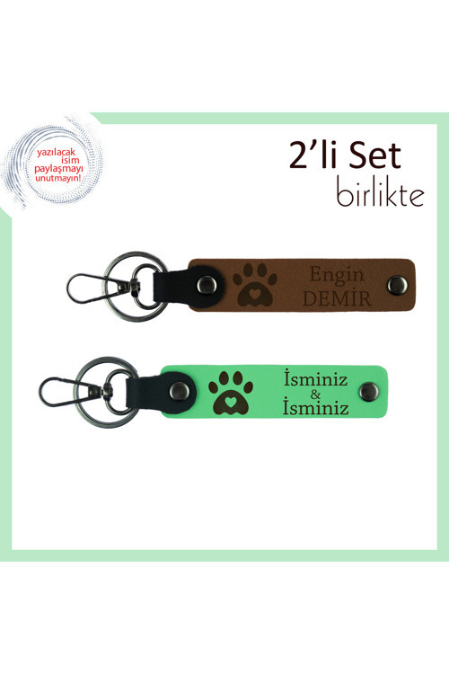 Sevimli Pati Temalı 2’Li Anahtarlık, İsim Yazılabilir Deri Tasarım, Açık Kahve-Fıstık Yeşil
