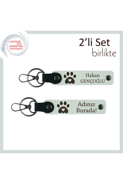 Hayvansever Çiftlere Uygun Armağan, Kalpli Pati Temalı Anahtarlık Set, İsim Yazılabilir, Beyaz-Beyaz