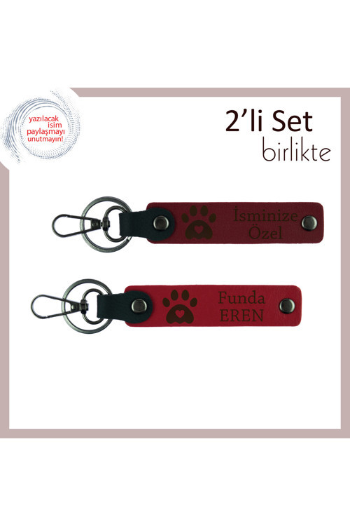 Evcil Dostların Hatırasına Anlam Katan, Kalpli Pati Figürlü Set, İsim Yazılabilir, Bordo-Kırmızı