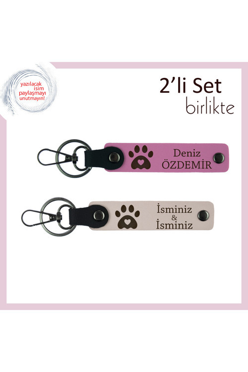 Köpek Sahibi Eşe Uygun Hediyelik, Kalpli Pati Motifli Kişisel Anahtarlık Takımı, Pembe-Pudra