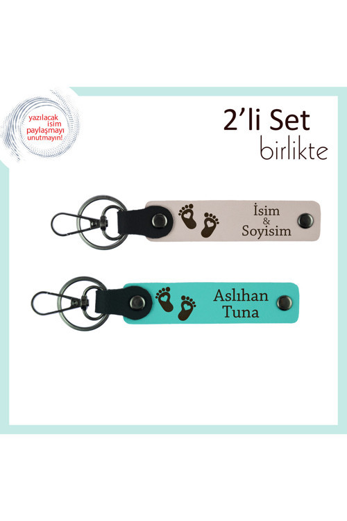 Doğumdan Sonra Verilebilecek Kişisel Hediye, Kalpli Bebek Ayağı Figürlü Anahtarlık, Pudra-Turkuaz
