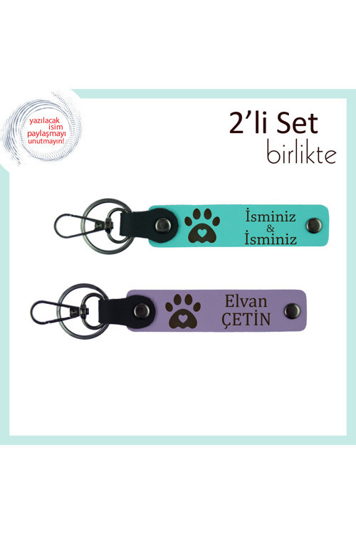 Yeni Kedi Sahiplenenlere Uygun Hatıra Hediyelik, Kalpli Pati Desenli Deri Set, Turkuaz-Mor Menekşe
