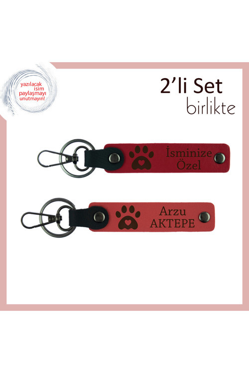 Köpeğinizin İsmini Yazdırabileceğiniz Deri Anahtarlık, Kalpli Pati Motifli 2'Li Set, Kırmızı-Nar