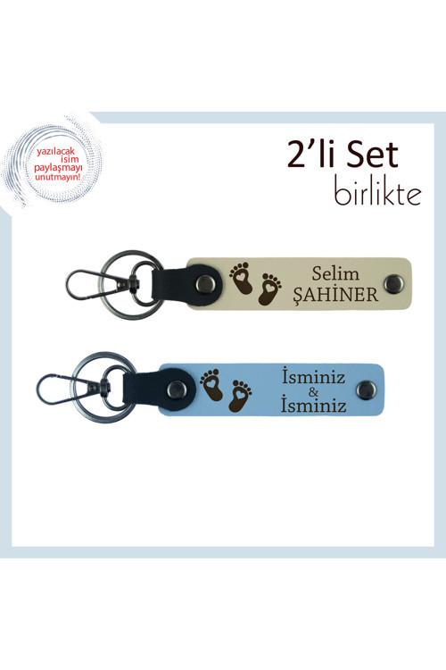 Yeni Doğum Yapmış Annelere İsme Özel Kalpli Ayak Temalı Deri Anahtarlık Takımı, Sütlü Kahve-Gök Mavi