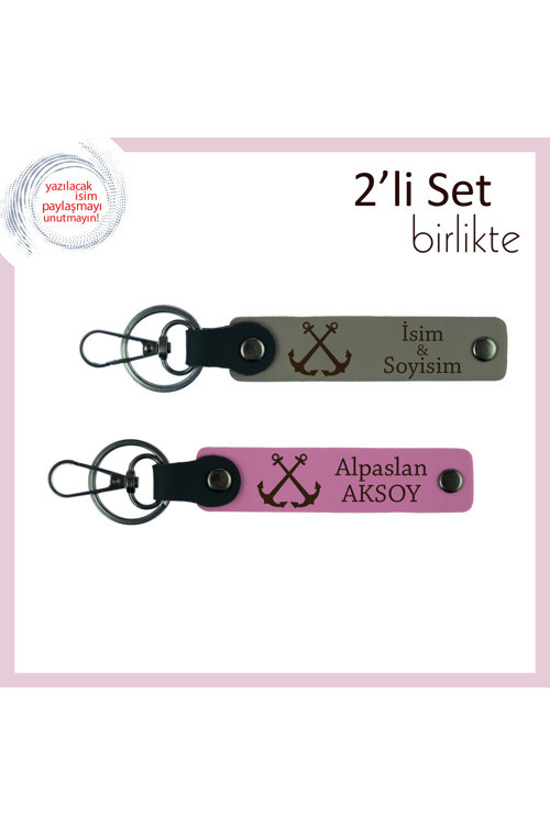 İsim Yazılabilir Çıpa Desenli Anahtarlık, Denizle Bağını Taşıyan Hediyelik Takım, Kül Gri-Pembe