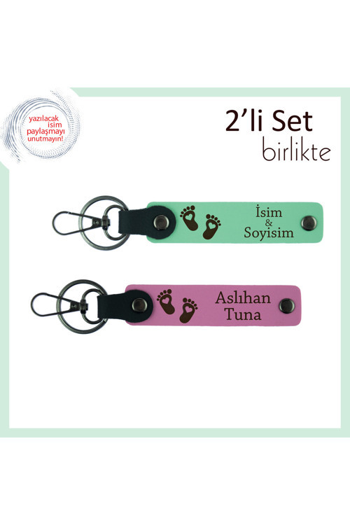 Yeni Bebek Kutlaması İçin Sevimli Armağan, Kalpli Ayak Desenli Anahtarlık Seti, Açık Yeşil-Pembe