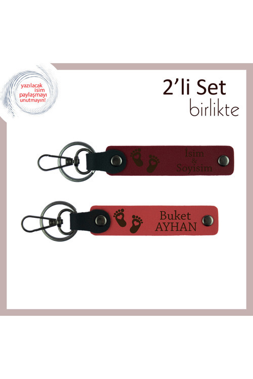 Yeni Aile Üyesine Hatıra Olarak Kalıcı Set, Kalpli Bebek Ayağı Temalı İsimli Anahtarlık, Bordo-Nar