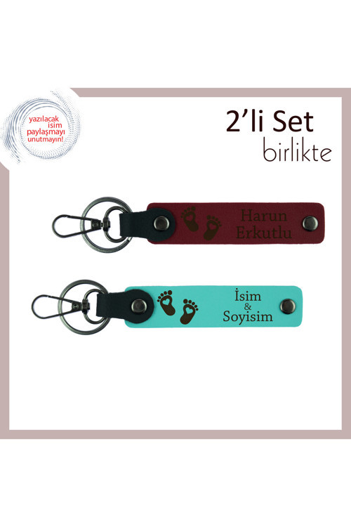 Yeni Doğum Yapmış Eşe Verilebilecek İsme Özel Hediyelik, Kalpli Ayak Desenli Set, Bordo-Turkuaz