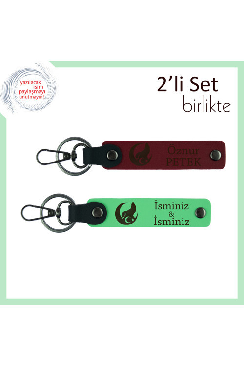Vatansever Asenalara Armağan – Bozkurt Ve Ayyıldız Desenli, Kişisel İsimli Anahtarlık, Bordo-Yeşil