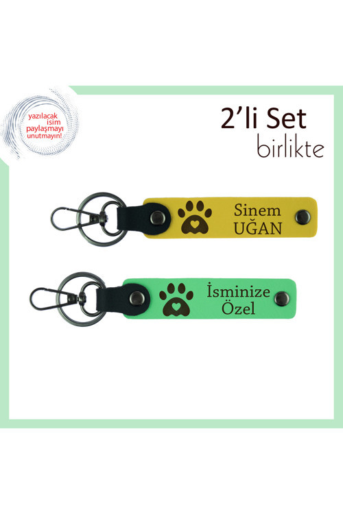 Kedi Sever Çifte Uygun Sevgililer Günü Hediyesi, Kalpli Pati Figürlü Anahtarlık Takımı, Sarı-F Yeşil
