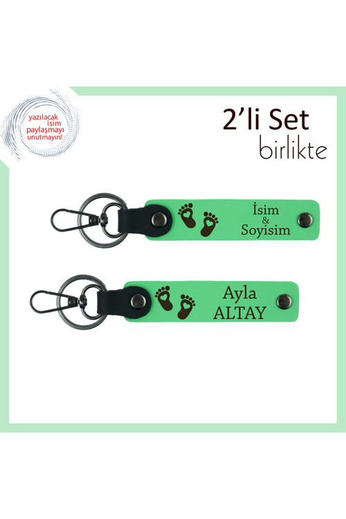 Yeni Doğan İçin İsimli Hatıralık Seçeneği, Kalpli Ayak Motifli Anahtarlık Seti, Fıstık Yeşil-F Yeşil