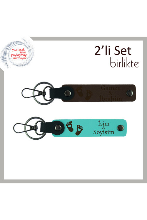 Adınıza Özel İlk Bebek Anısı, Kalpli Ayak Temalı 2’Li Kişisel Anahtarlık Seti, Koyu Kahve-Turkuaz
