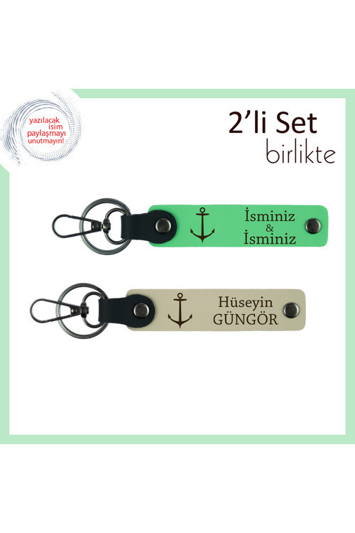 Deniz Altı Sevdalılarına Seçkin Hediyelik, İsme Yazılabilir Deri 2’Li Anahtarlık, F Yeşil-S Kahve