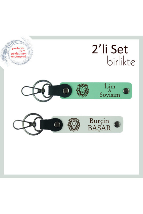 Aslan Figürlü Deri Anahtarlık , Cesur Ruhlara Özel 2’Li Kişisel Set, Açık Yeşil-Beyaz
