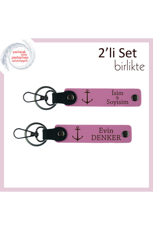 Gemi Figürlü Kişisel Anahtarlık, Deniz Motifi Sevenlere 2’Li Hatıralık Set, Pembe-Pembe