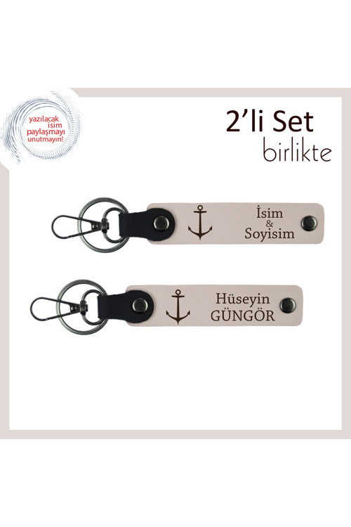 Marinacılara Armağan Edilecek Şık Anahtarlık, Kişisel Çapa Motifli Deri Set, Pudra-Pudra