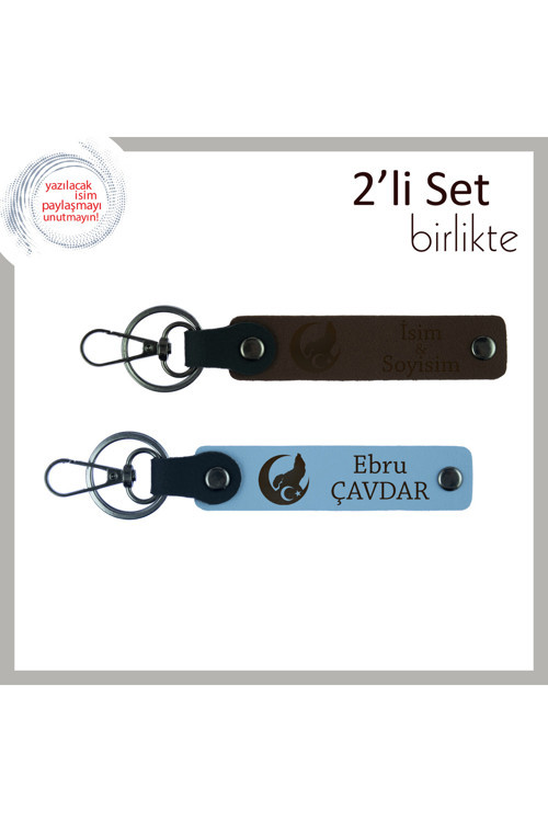 Doğum Gününde Anlamlı Hediye – Bozkurt Ve Ayyıldız 2’Li Deri Anahtarlık Seti, Koyu Kahve-Gök Mavi