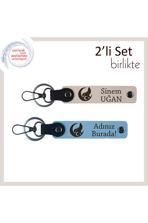 Eşine Verebileceğin En Anlamlı Hediye – Bozkurt Ve Ayyıldız Deri Anahtarlık Seti, Pudra-Gök Mavi