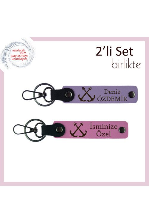 Gemi Figürlü Kişiye Özel İsimli Deri Anahtarlık, Deniz Turları Anısına Şık Set, Mor Menekşe-Pembe