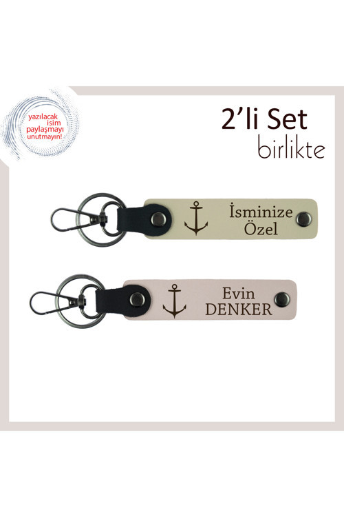 Denize Sevdalı Çiftlere Uygun 2’Li Anahtarlık, Çapa Motifli Deri Hatıra, Sütlü Kahve-Pudra