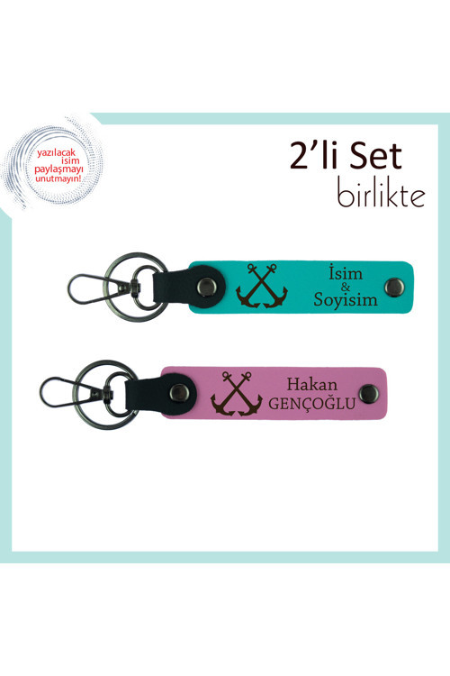 Kişiye Özel İsme Yazılabilir Denizcilik Hediye Seti, Çıpa Motifli Deri Anahtarlık, K Turkuaz-Pembe