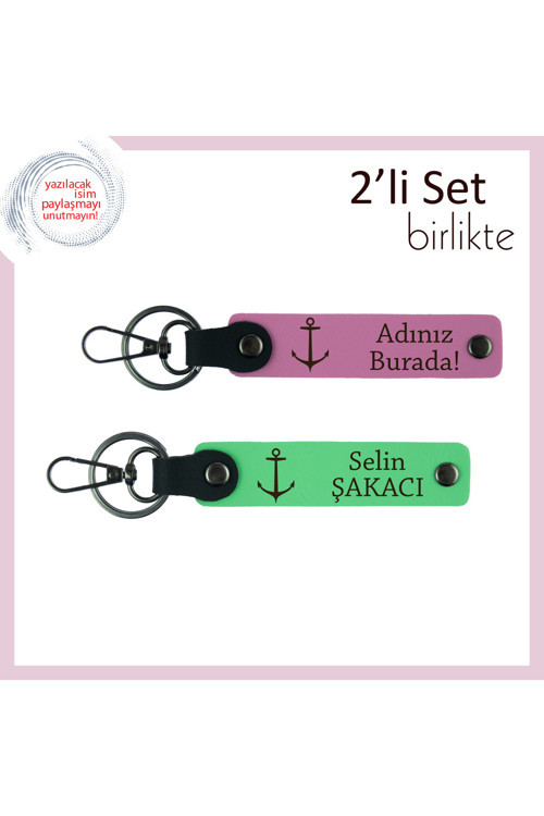 Marina Tutkunlarına Çapa Desenli Anahtarlık, Kişisel Hediye İsim Yazılı 2’Li Set, Pembe-Fıstık Yeşil