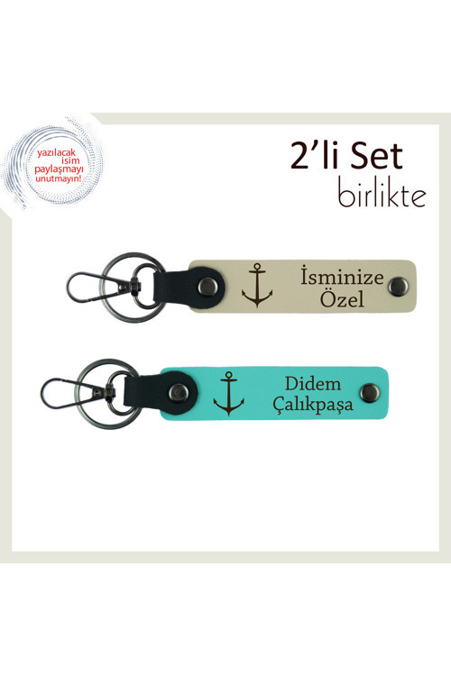 Gemi Figürüyle Hazırlanan Deri Anahtarlık, Çıpa Detayıyla Zenginleştirilmiş Set, Sütlü Kahve-Turkuaz