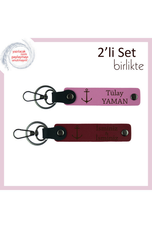 İsme Özel Denizaltı Temalı Anahtarlık, Çıpa Motifli 2’Li Hatıralık Set, Pembe-Bordo