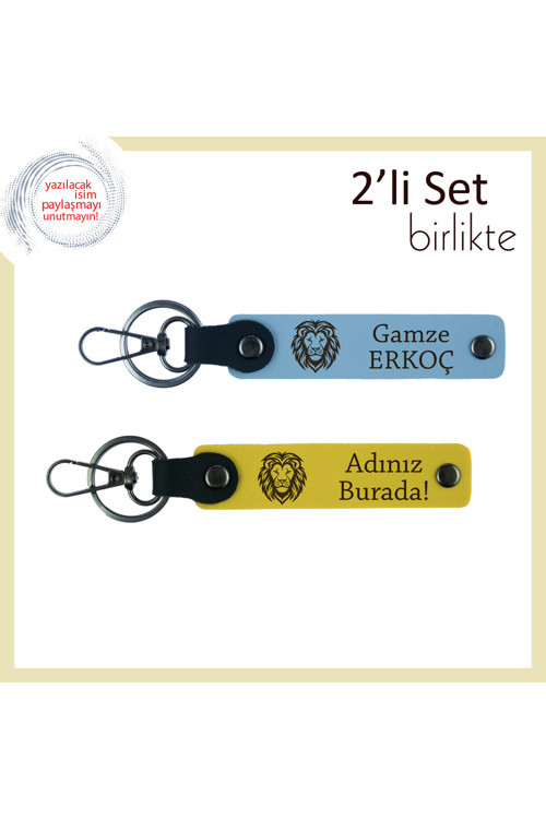 Aslan Figürlü Klasik Hediye, Güçlü Ruhlara Özel Adınız Yazılabilir 2’Li Set, Gök Mavi-Sarı