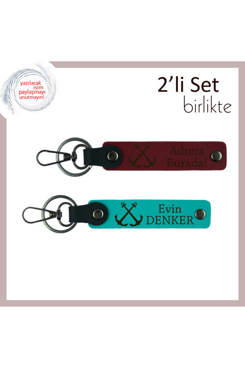 Sevdiğiniz Yelkenciye Kişiye Özel Çıpa Motifli Deri Anahtarlık Takımı, Bordo-Koyu Turkuaz