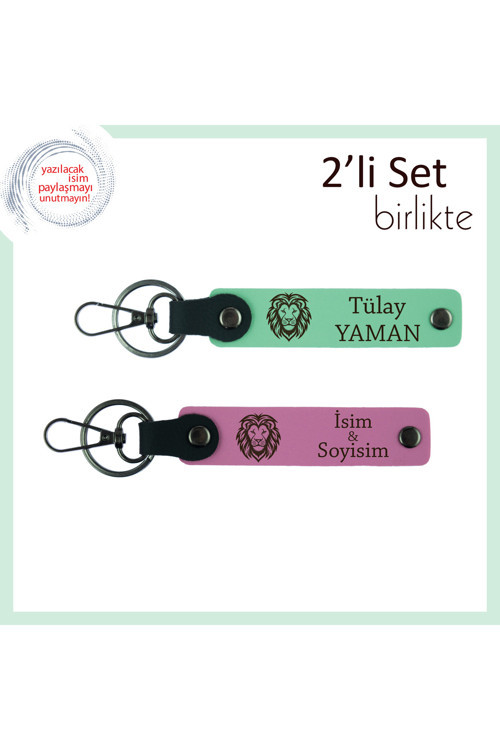 Aslan Figürlü 2’Li Anahtarlık, Güçlü Duruşu Temsil Eden Kişisel İsimli Tasarım, Açık Yeşil-Pembe