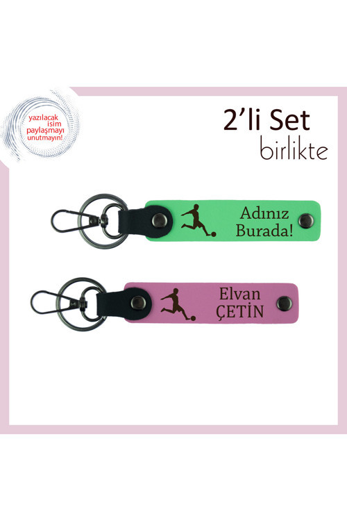 Futbol Temalı Erkek Çocuğa Sevimli Hediye, İsme Yazılabilir Anahtarlık Takım, Fıstık Yeşil-Pembe