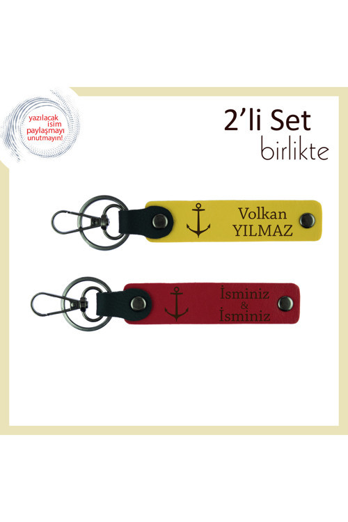 Teknede Geçen Yazları Anımsatacak Anahtarlık, Çıpa Desenli Kişisel Deri Set, Sarı-Kırmızı