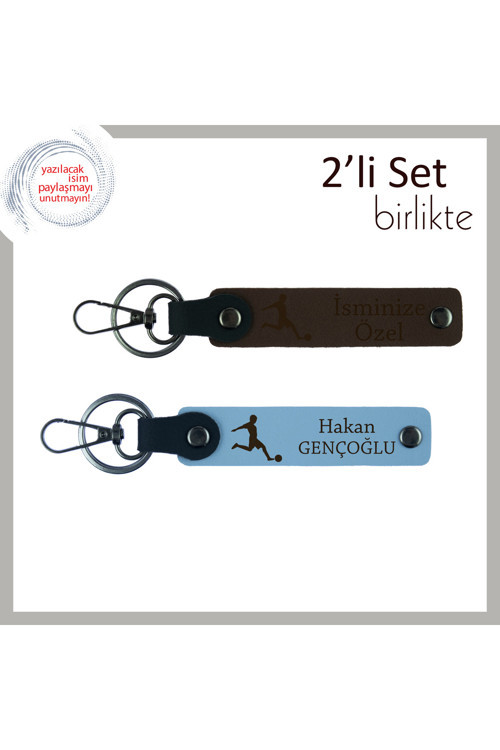 Futbol Temalı Hediyelik Deri Anahtarlık, Kız Kardeşe Kişiye Özel Set, Koyu Kahve-Gök Mavi