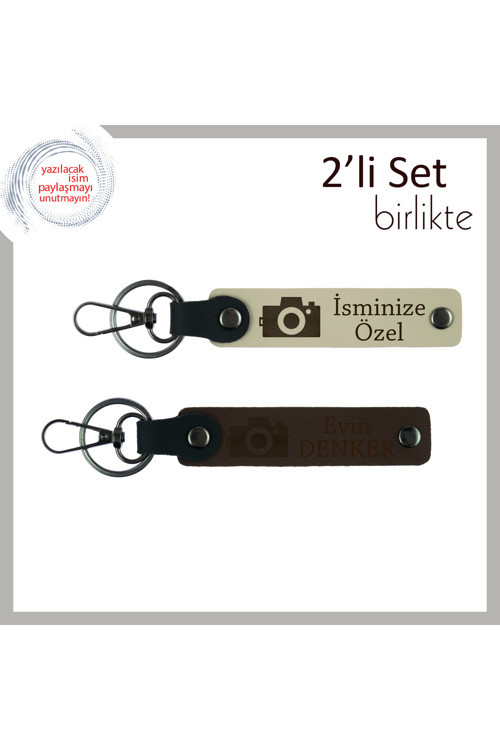 Deklanşörle Hatırla, Kamera Motifli, İsim Yazılabilir Kişisel Anahtarlık Set, Sütlü Kahve-Koyu Kahve