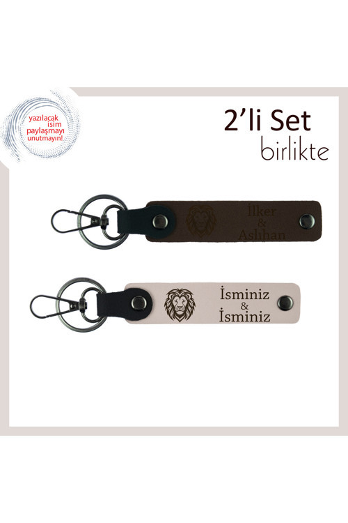 Aslan Figürlü Şık Anahtarlık, Erkek Tarzına Özgün İsim Yazılı Hediyelik 2’Li Set, Koyu Kahve-Pudra