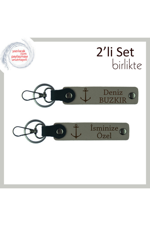Balıkçılık Sevdasına Hitap Eden Deri Tasarım, İsme Yazılabilir 2’Li Anahtarlık, Kül Gri-Kül Gri
