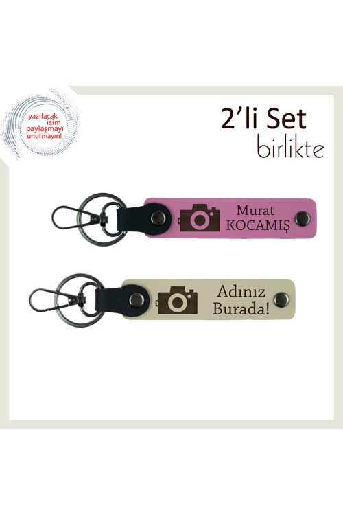 Kamerayla Göz Göze, Kişisel Yazılı, Fotoğraf Makinesi Temalı Anahtarlık Seti, Pembe-Sütlü Kahve