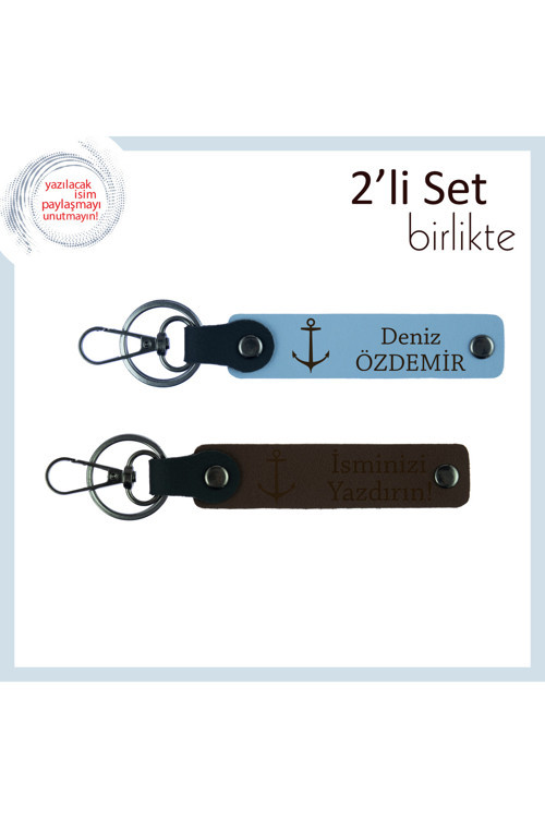 Yelkenli Günlerini Temsil Eden 2’Li Set, Çapa Motifli Kişisel Deri Anahtarlık, Gök Mavi-Koyu Kahve