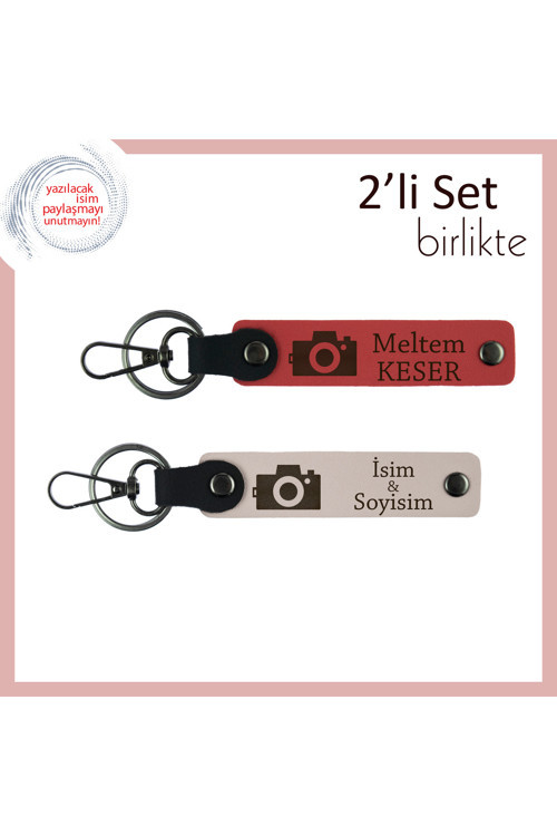 Stüdyo Sahiplerine Özel, Kamera Desenli, İsim Yazılabilir Anahtarlık Takımı, Nar Çiçeği-Pudra