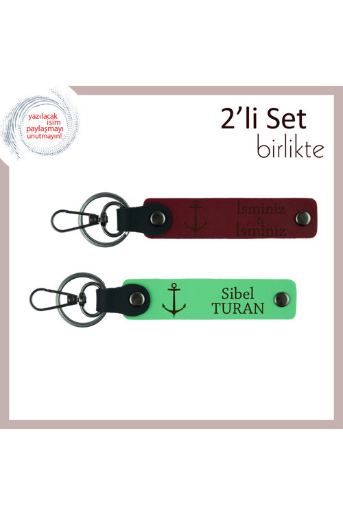 İsim Yazılabilir Gemici Çıpası Deri Anahtarlık Takımı, Denizci Dostluk Hatırası, Bordo-Fıstık Yeşil