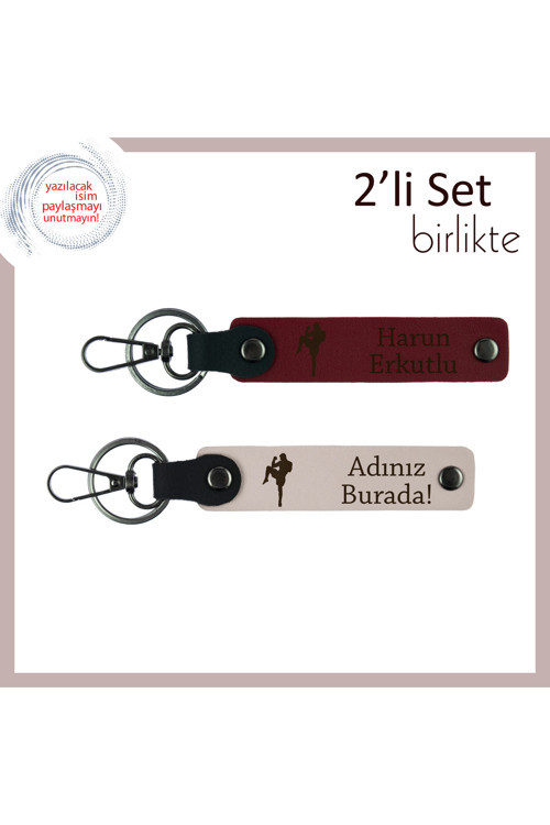 Kız Sporcuya Dövüş Ruhu Temalı Hediyelik, Adınız Yazılabilir Şık Deri Anahtarlık Takım, Bordo-Pudra