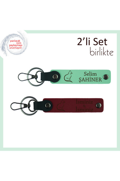 Tırmalamayan Ama Etkileyen Hediye, Kedili, İsme Yazılabilir 2’Li Anahtarlık, Açık Yeşil-Bordo