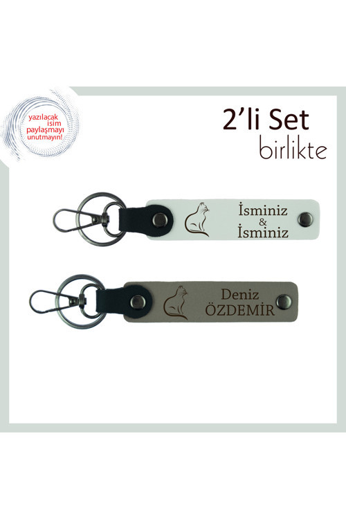 Kedisever Babaya Hediye, Kedi Figürlü, Kişisel Yazılı Deri Anahtarlık, Beyaz-Kül Gri