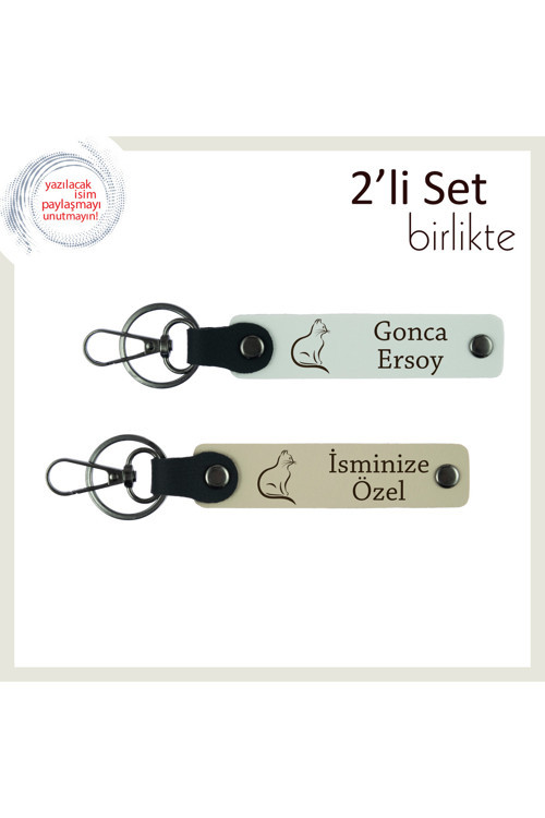 Minnoş Sevgini Simgele, Kedi Temalı, İsme Özel Deri Anahtarlık Takımı, Beyaz-Sütlü Kahve