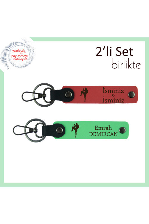 Erkek Sevgiliye Kickboks Temalı Deri Anahtarlık, Kalıcı Hatıralık Yazı Eklenebilir Set, Nar-F Yeşil